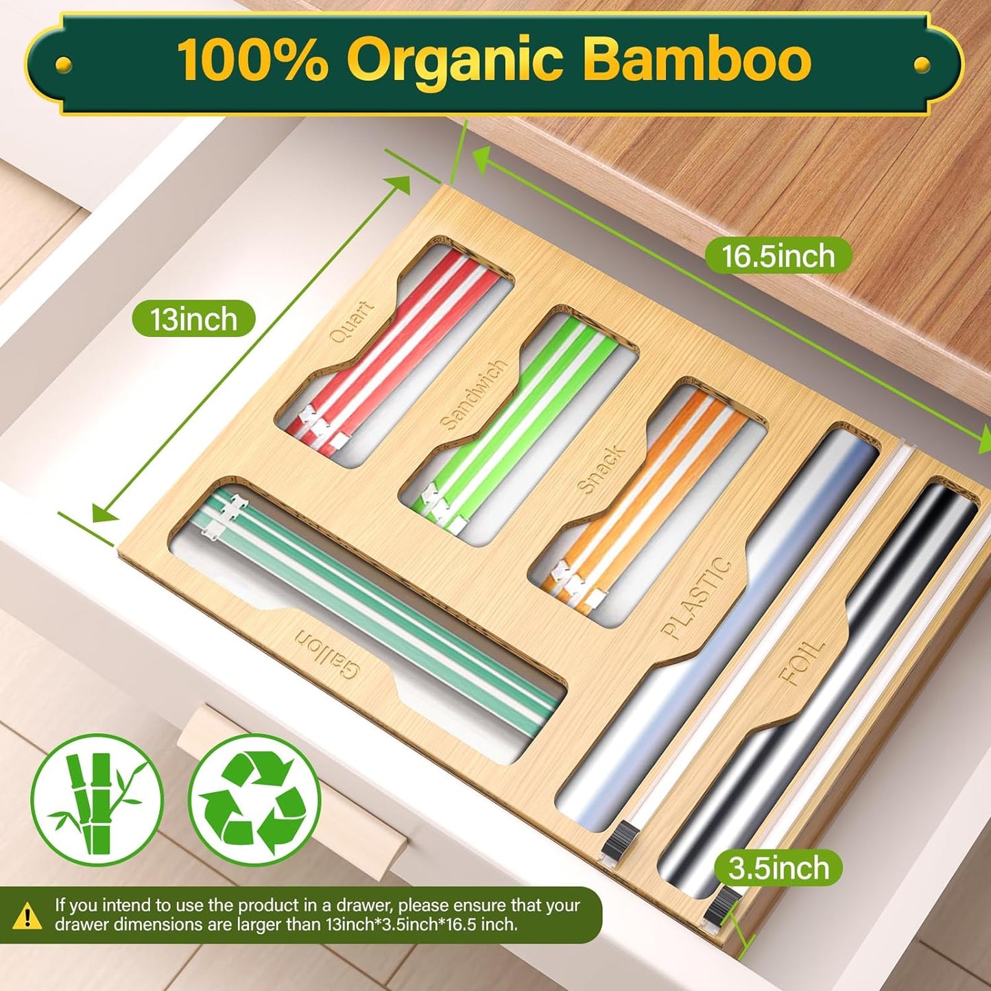 Organiseur 6 en 1 pour papier aluminium et film plastique en bambou pour tiroir de cuisine