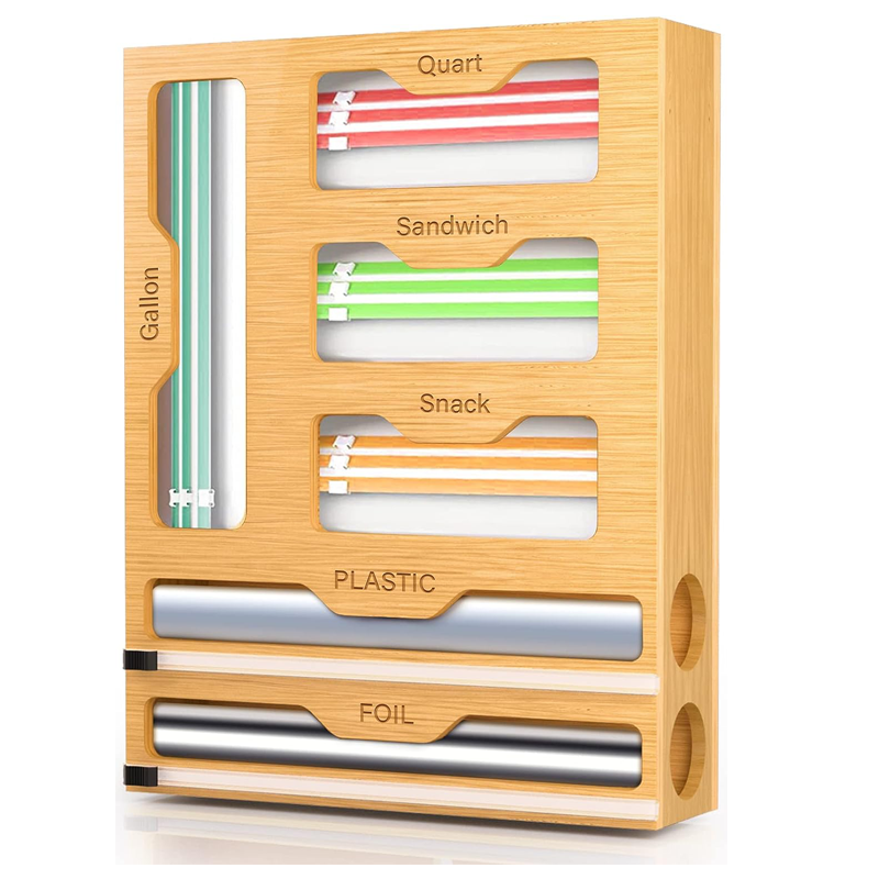 Organiseur 6 en 1 pour papier aluminium et film plastique en bambou pour tiroir de cuisine
